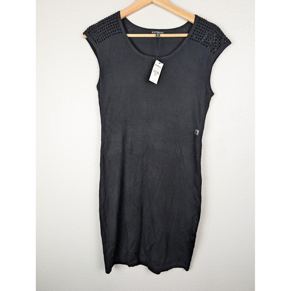 Express Dress Womens Medium Black Studded Shoulder Fitted Cap Sleeve Party NWT